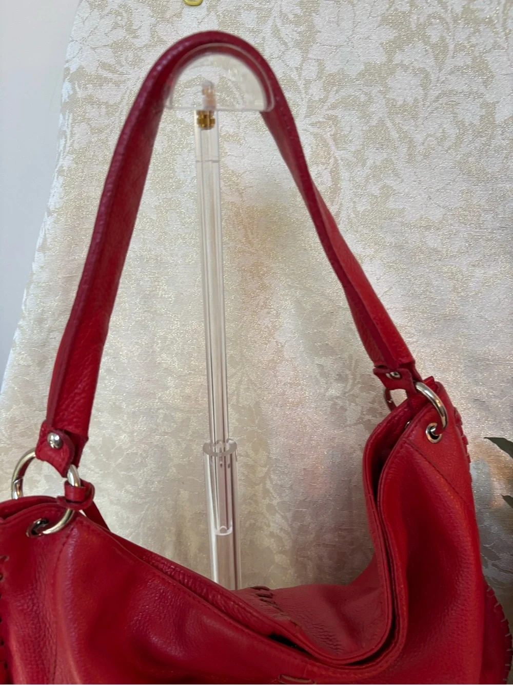 Pulicati Red Leather Whipstitched Hobo Shoulder Bag
